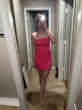 Princess Polly Strapless Ruched Side-Slit Mini Dress in Hot Pink